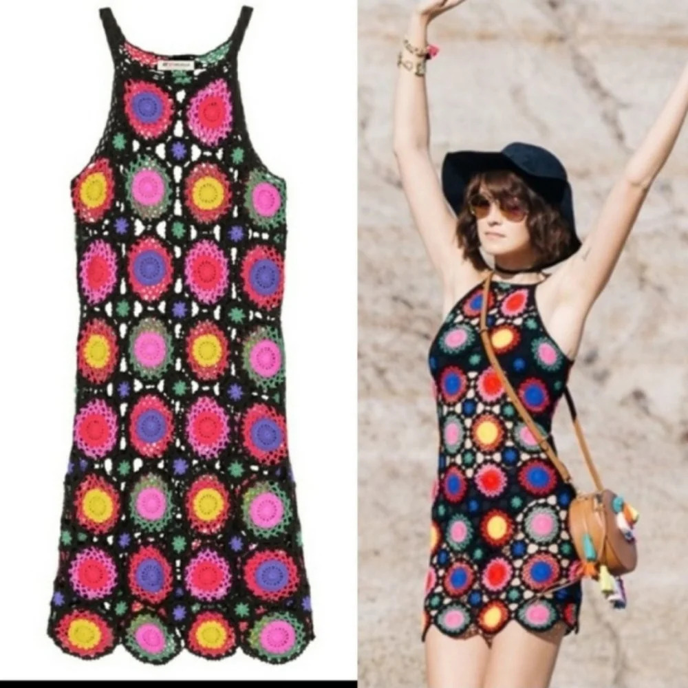 H&M X Coachella Granny Square Knit Bright Colorful Boho Cover Up Dress Size 4